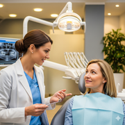 A professional female dentist in a white coat talks to a calm female patient in a modern dental office.