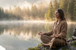 A serene setting with a person practicing mindfulness or reflection outdoors, symbolizing calm, mental clarity, and emotional balance.