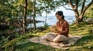 A calm and peaceful lifestyle scene showing a person sitting in nature with her phone turned off beside her, reading a book and enjoying a quiet moment outdoors, symbolizing digital detox and mental wellness.