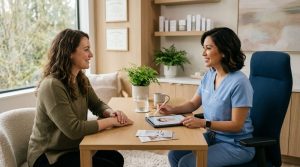 A thoughtful wellness-focused scene featuring a patient consulting with an aesthetic medicine professional in a calming modern clinic