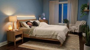 A calm bedroom designed for healthy sleep, soft lighting, cozy bed, peaceful nighttime atmosphere, person resting comfortably