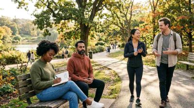 A diverse group of adults practicing healthy self-care habits, including journaling, meditation, walking outdoors, and talking with supportive friends