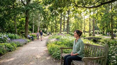 A peaceful green park with people walking among tall trees, a person sitting on a bench practicing mindfulness