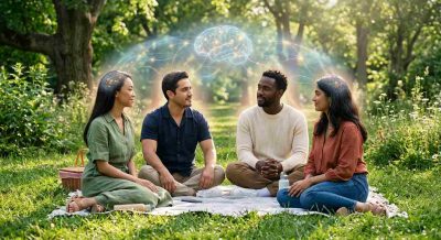 adult sitting peacefully outdoors with supportive friends nearby